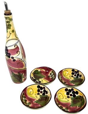 Clay Art Wine Garden Olive Oil Bottle 4 Dipping Bowl Hand-Painted Ceramic Grapes